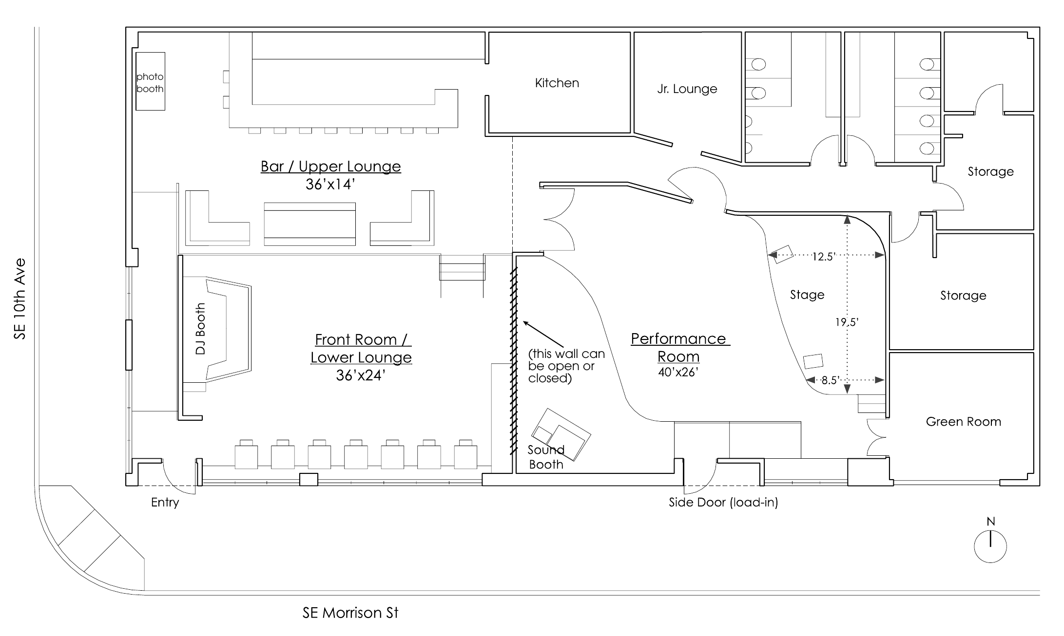 Floor plan of Holocene, on the corner of SE 10th Avenue and SE Morrison Street. The bar and upper lounge run along the north wall, with the kitchen, junior lounge and restrooms beside them. The front room, or lower lounge, has the DJ booth on its 10th Avenue wall. A folding wall separates it from the performance room, which has the sound booth on its Morrison side and the stage at its east end. Storage and the green room are behind the stage. The entry is on Morrison near 10th; the side door for load-in is further down Morrison.